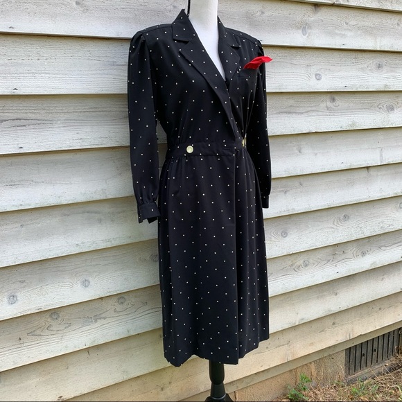 Vintage 80s Polka Dot Print Button Front Long Sleeve Collared Midi Wrap Dress - Picture 2 of 16